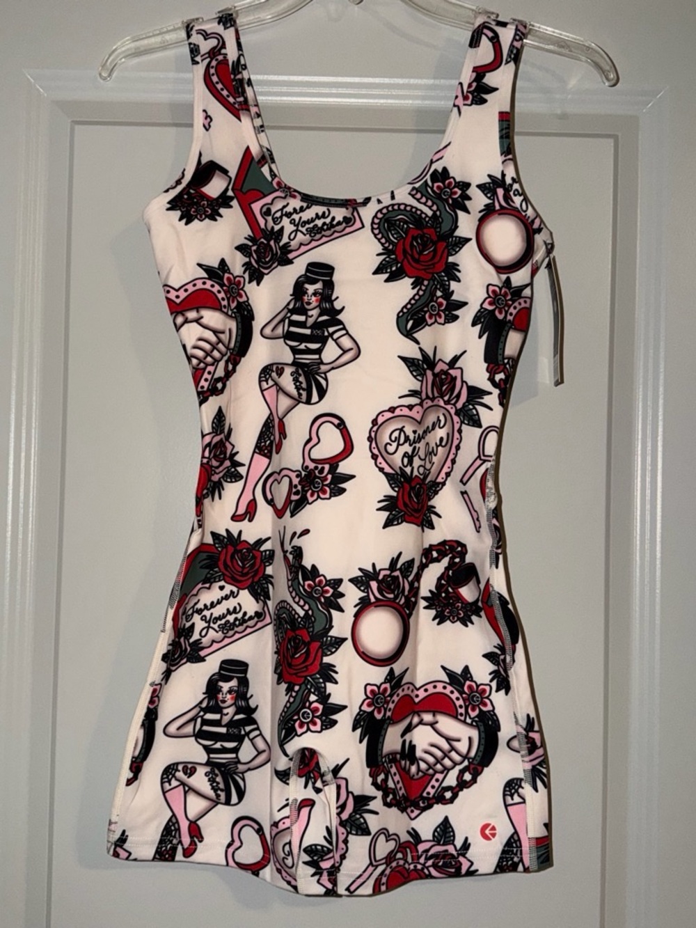 Ethika LOVE BIKERSHORT ROMPER with Red & Black Retro Tattoo Print Size S